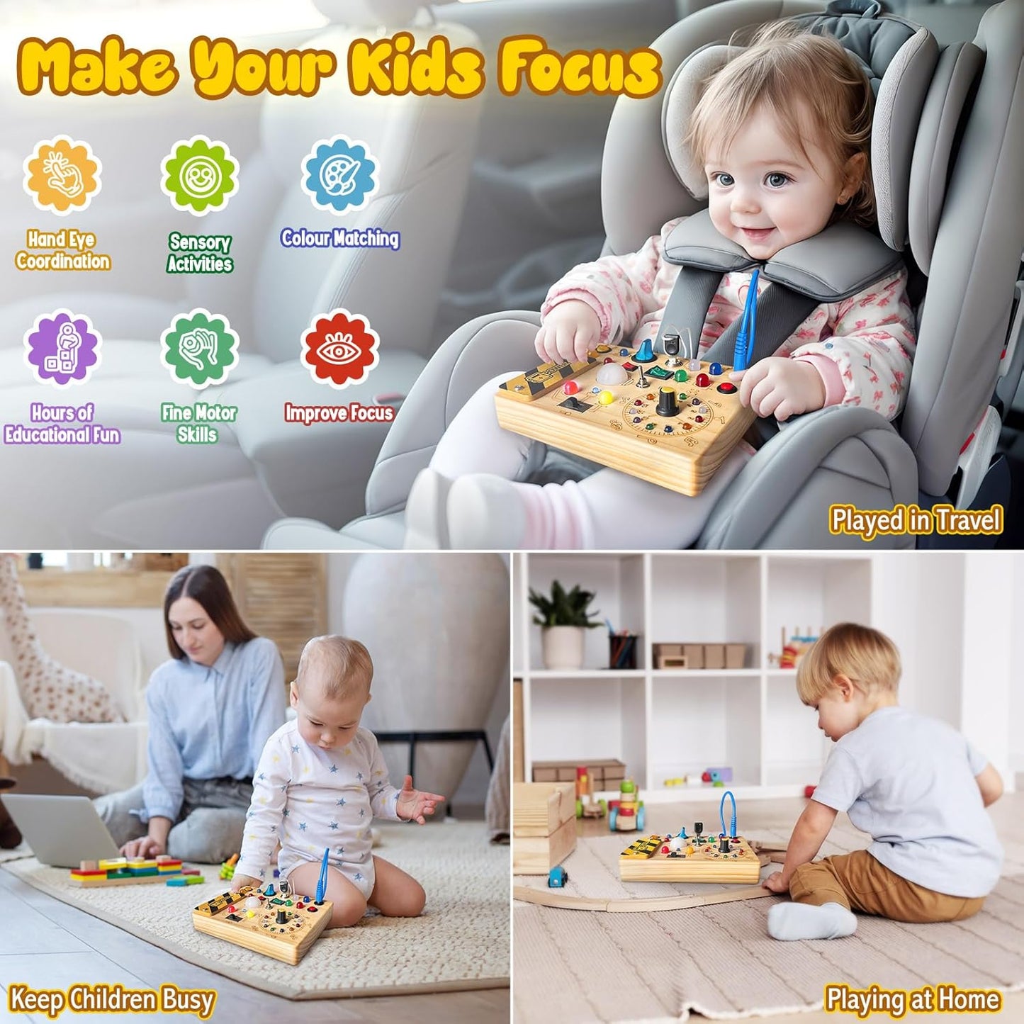 Montessori Busy Board with Lights and Switches for Toddlers (1-3 Years)