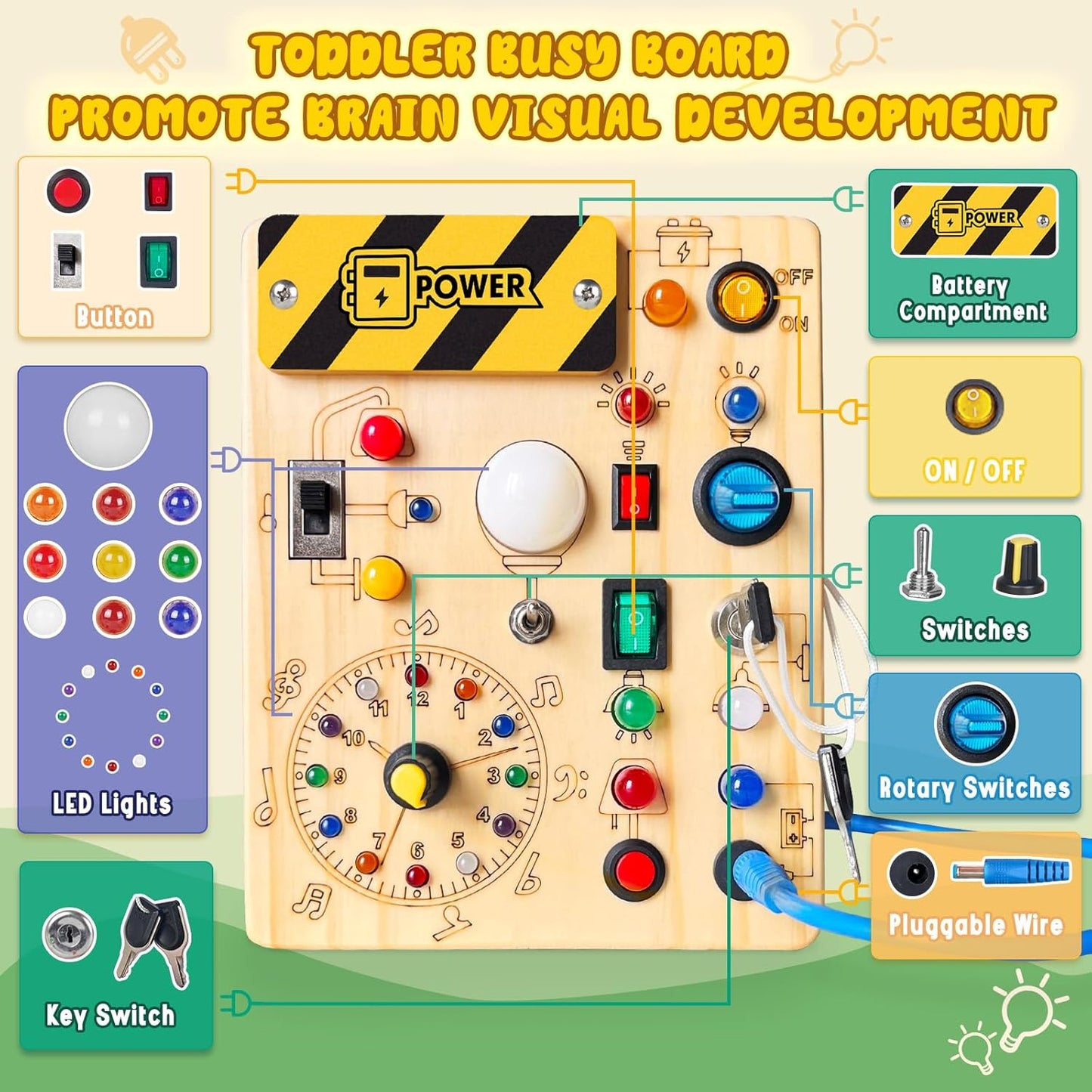 Montessori Busy Board with Lights and Switches for Toddlers (1-3 Years)